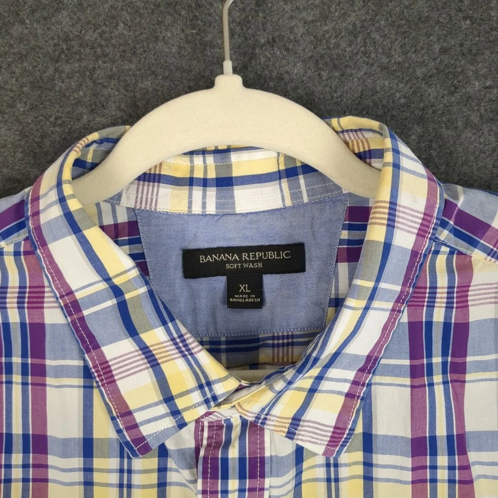 Banana Republic Soft Wash Mens XL Plaid Button‎ Down Shirt Blue Purple Yellow